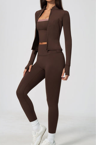 Zip-Up Active Jacket, Bandeau Top & High-Waist Leggings Set