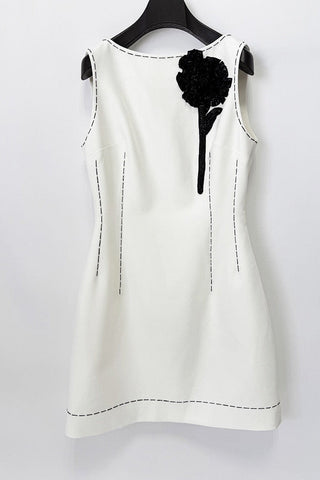 Sleeveless Mini Shift Dress with Floral Appliqué & Contrast Stitch Detail