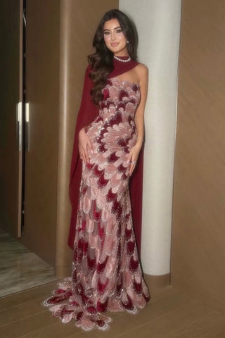Shimmer Petal Sleeveless Long Dress with Draped Scarf