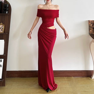 Off-Shoulder Ruched Mesh Cut-Out Long Dress