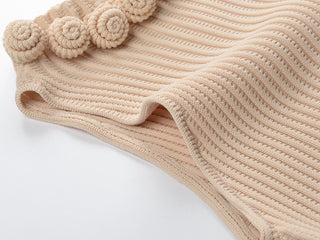 Elegant Ribbed Knit Sleeveless Mini Dress with Floral Trim Neckline