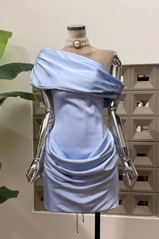 Satin Draped Off-Shoulder Sleeveless Mini Dress with Lace-Up Back