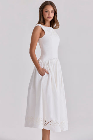 Boat Neck Midi Dress – Gathered Waist, Sleeveless Design & Cutout Details