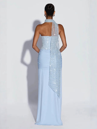 Sequin Corset Strapless Sweetheart Scarf Ruched Draped Long Dress
