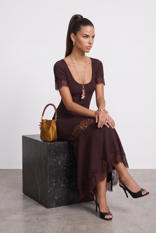 Ribbed Knit Scoop Neck Short Sleeve Long Dress with Lace Trim & Flared Hem