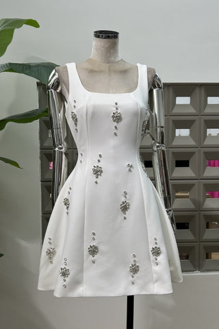 Crystal Embellished Open Back Bow Mini Dress