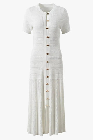 Textured Knit Button-Front Long Dress with Short Sleeves