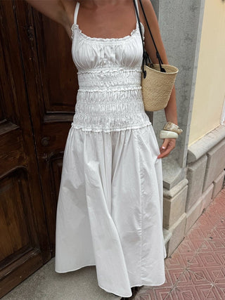 Ruched Drop Waist Spaghetti Strap Sleeveless Long Dress