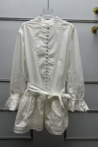 Embroidered Tie-Waist Ruffle Long Sleeve Mini Dress
