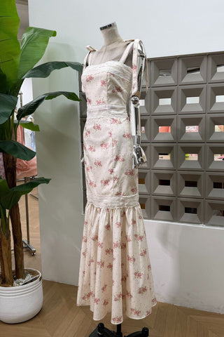 Floral Print Long Dress – Lace Trim, Tie Straps, Defined Waist & Corset Back