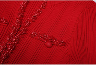Ribbed Knit Long Dress with Pearl Trim Details & Long Sleeves