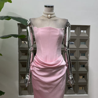 Strapless Satin Corset Maxi Dress with Draped Waist