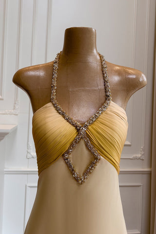 Satin Halter Long Dress with Crystal Detail Sleeveless