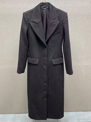 Tailored Button-Front Long Coat – Structured Waist Wool-Blend Style