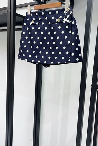 Polka Dot Top & Skort Set – Gold Button Detail, Side Buckle Accent & High-Waisted Skort