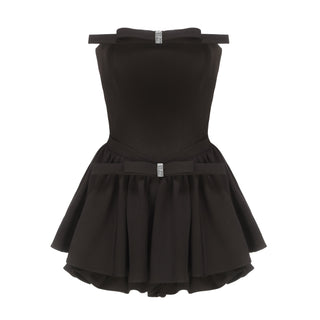 Bow-Detail Strapless Mini Romper with Flounce Skirt Overlay
