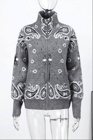 Fur Collar Zip-Up Knit Top – Long Sleeve Paisley Design