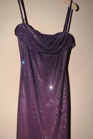 Crystal Embellished Cowl Neck Spaghetti Strap Mini Dress
