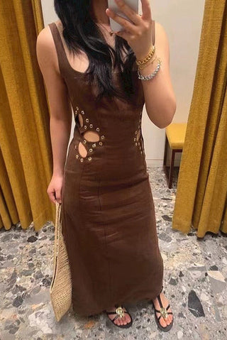 Statement Cut-Out Linen Blend Long Dress with Metal Eyelet Details