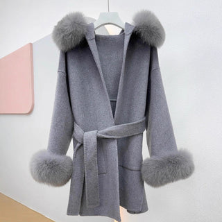 Long Wool Coat with Faux Fur Hood and Cuff Trim – Belted Design