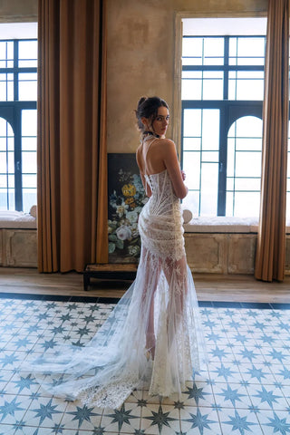 Sheer Lace Corset Draped Long Dress