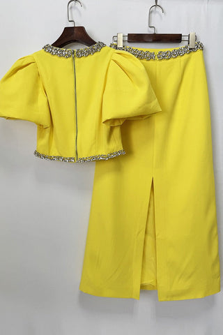 Puff Sleeve Cropped Top & High-Waist Long Skirt Set with Jeweled Details