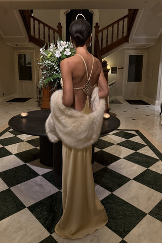Satin Halter Long Dress with Crystal Open Back Detail