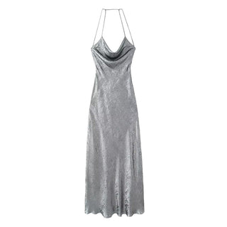 Silver Sleeveless Backless Silk Satin Long Dress
