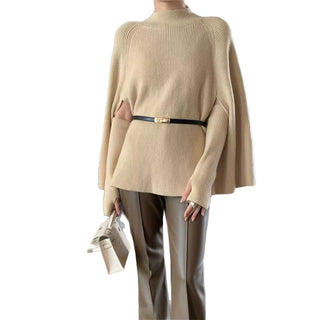 High-Neck Ribbed Knit Sweater with Cape-Style Sleeves