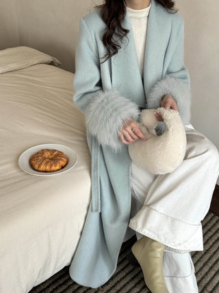 Luxury Wool-Blend Wrap Coat with Faux Fur Cuff Sleeves
