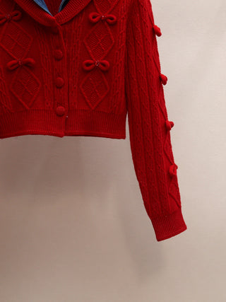 Cable Knit Bow Detail Long Sleeve Cropped Cardigan