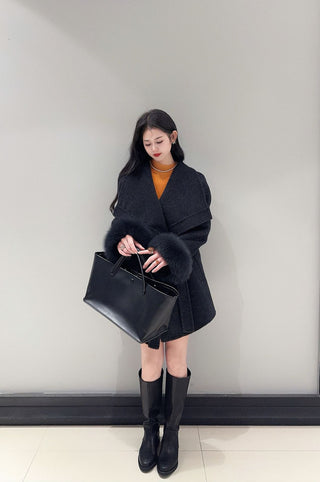 Wrap Belted Wool-Blend Jacket with Fur Cuffs