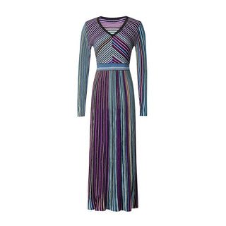 Metallic Striped Knit Maxi Dress with V-Neck and Long Sleeves
