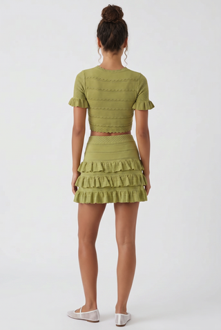 Pearl Button Knit Ruffle Co-Ord Set – Short Sleeve Crop Top & Mini Skirt