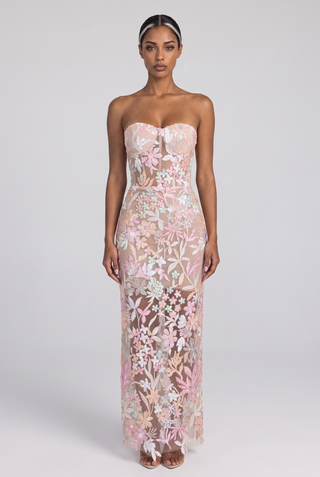 Strapless Embroidered Lace Long Dress – Sleeveless, Structured Bodice, Floral Lace Finish