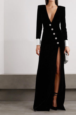 Velvet Deep V Long Dress with Crystal Buttons, Long Sleeves & Front Slit