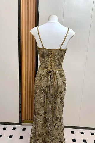Floral Sequin Corset Long Dress – Spaghetti Strap Fitted Dress