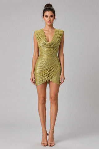 Metallic Draped Cowl Neck Sleeveless Bandage Mini Dress