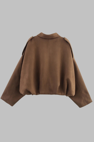 Oversized Faux Suede Jacket with Shoulder Flap Detail and Elastic Hem