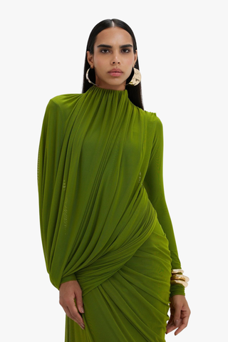 Elegant Long Mesh Dress with Long Sleeves & Sculpted Draped Design