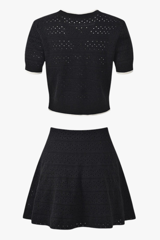 Contrast Trim Knit Two-Piece Set – Short Sleeve Top & Flared Mini Skirt