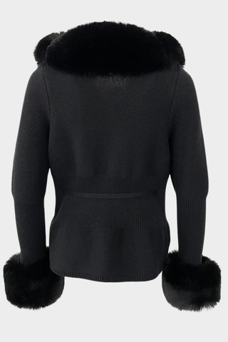 Long Sleeve Knitted Jacket with Faux Fur Trim – Tie-Front Design