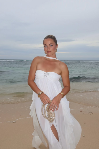 Strapless Ruffle Chiffon Long Dress with Rhinestone Starfish Brooch Backless, Layered Flowing Skirt