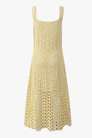 Crochet Knit Midi Dress with Crystal Embellishments & Sleeveless Square Neck Design