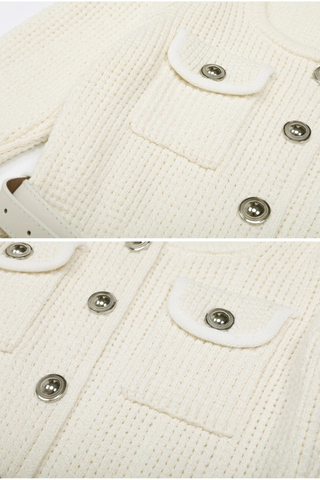 Textured Knitted Peplum Cardigan and High-Waist Skirt Set with Belt