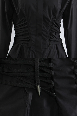 Long Sleeve Corset Waist Button-Up Shirt Dress with Adjustable Lace-Up Design