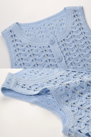 Sleeveless Pearl Embellished Open-Knit Vest & Shorts Set