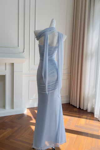 Light Blue Mesh Ruched  Set – Strapless Bustier Top & Fishtail Maxi Skirt with Sheer Scarf