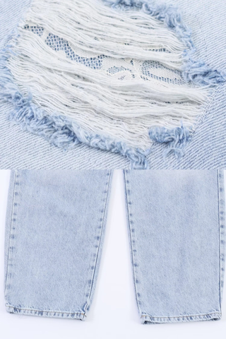 High-Waisted Straight Leg Distressed Jeans with Lace Detail