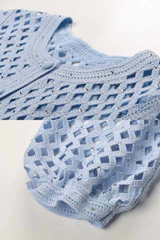 Embellished Open-Knit Cropped Cardigan with Elbow-Length Balloon Sleeves